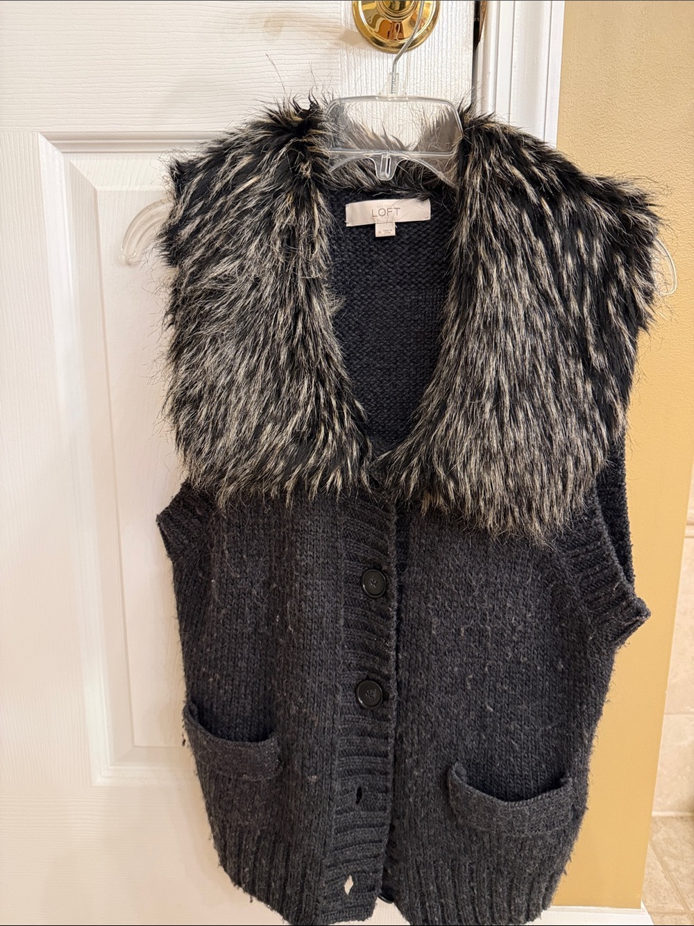 LOFT Charcoal Knit Vest with Faux Fur Collar